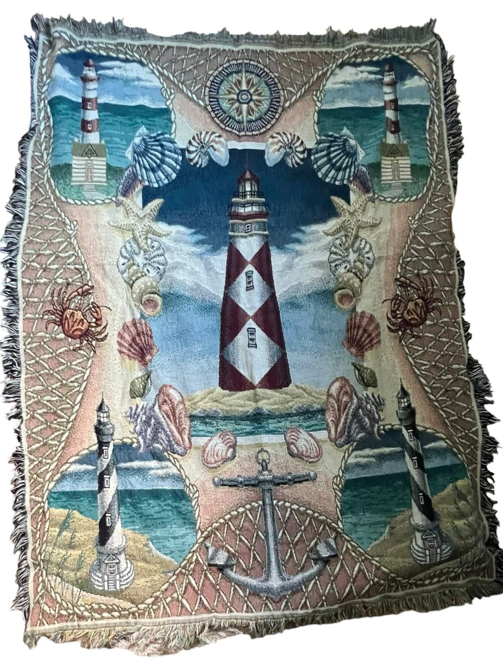 Nautical Beach themed tapestry blanket 50 x 68 lighthouse, seashell